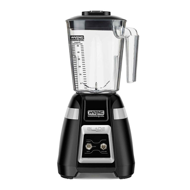 A black Waring Commercial bar blender with a clear, marked copolyester container, handle on the right, and a black lid. The base features two switches labeled Off, Low, and High, and a “Blade” logo centered below the switches.