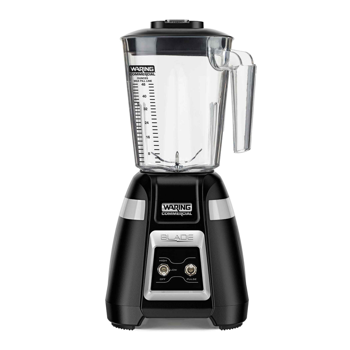 A black Waring Commercial Bar Blender with a clear, lidded 1.4 liter copolyester container marked with measurement lines stands upright. The front base displays the Waring logo, “BLADE,” and two toggle switches labeled “OFF/ON” and “PULSE.”.