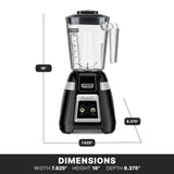 A black and silver Blade Bar Blender with a 48-oz. plastic container features measurement markings, a lid, and front control switches including 2-speed options. Dimensions: width 7.625”, height 16”, depth 8.375”. White background with labeled measurements.