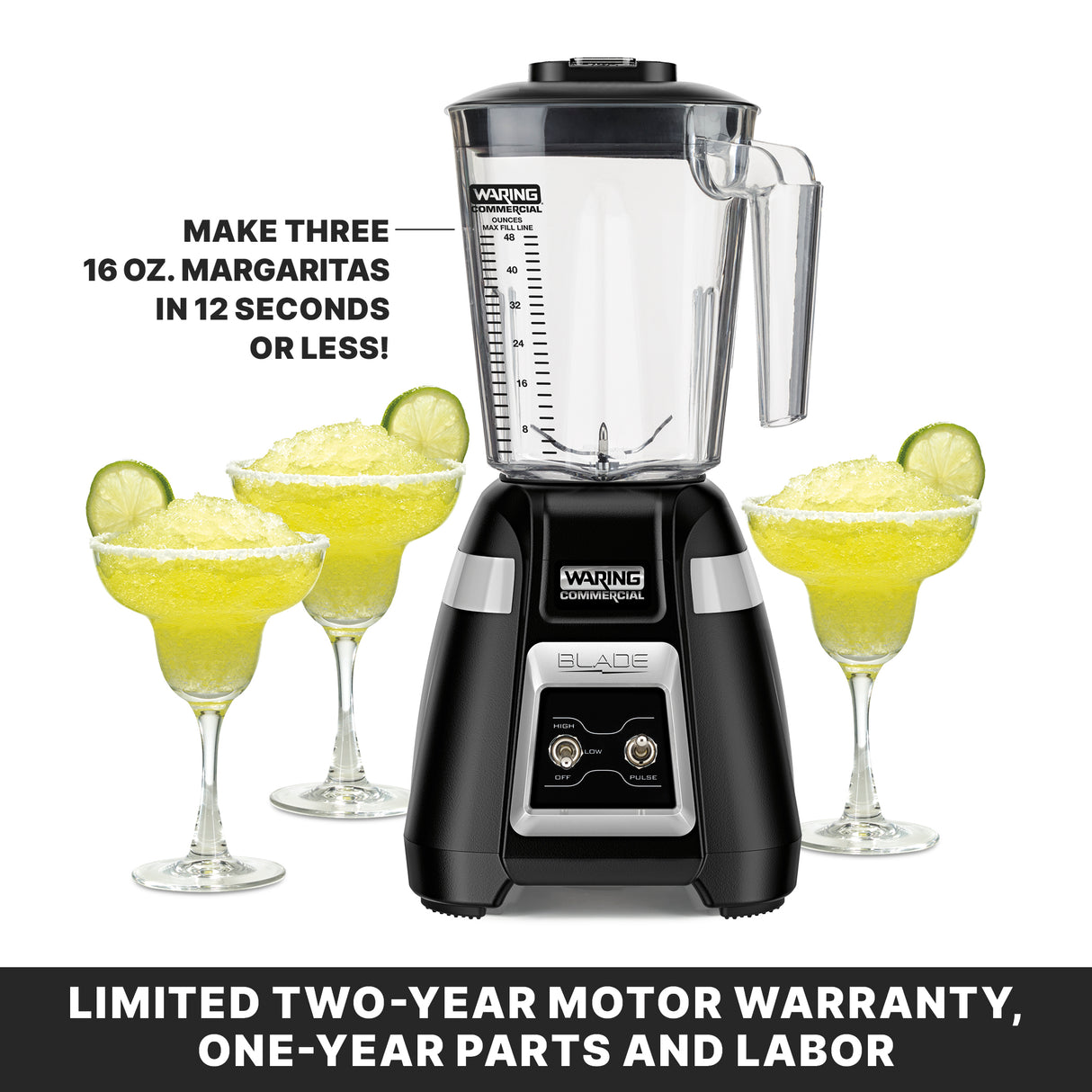 A black Waring Commercial Blade Bar Blender with a 48-oz. plastic container is shown with three filled margarita glasses garnished with lime. Text reads: “Make three 16 oz. margaritas in 12 seconds or less!” A banner notes a limited two-year motor warranty, one-year parts and labor.