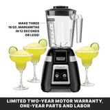 A black Waring Commercial Blade Bar Blender with a 48-oz. plastic container is shown with three filled margarita glasses garnished with lime. Text reads: “Make three 16 oz. margaritas in 12 seconds or less!” A banner notes a limited two-year motor warranty, one-year parts and labor.