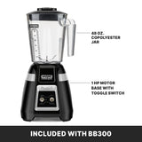A Waring Blade Bar Blender with a 2-speed toggle switch features a clear 48-oz. plastic container and black handle, sitting on a sturdy black base. Labels highlight the jar and powerful 1 HP motor. Text below reads: INCLUDED WITH BB300.