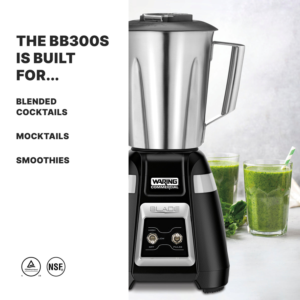 A stainless steel Bar Blender sits on a counter next to two green smoothies in glasses with straws. On the left, text reads: The BB300S is built for international use—perfect for blended cocktails, mocktails, and smoothies. NSF certification logos at bottom left.