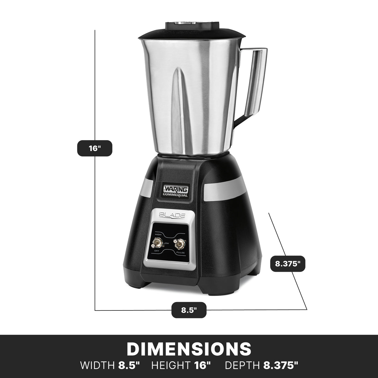 A Bar Blender with a stainless steel container is shown, featuring a black base and chrome control panel with two switches. Dimensions are labeled: 16" tall, 8.5" wide, 8.375" deep. "DIMENSIONS" appears below on a white background.