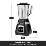 A Bar Blender with a stainless steel container is shown, featuring a black base and chrome control panel with two switches. Dimensions are labeled: 16" tall, 8.5" wide, 8.375" deep. "DIMENSIONS" appears below on a white background.