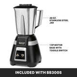 A stainless steel container Bar Blender with a handle, labeled as a 48 oz. jar, sits on a sturdy black base marked 1 HP motor with a toggle switch. "Included with BB300S" appears at the bottom, and “Waring Commercial” is on the lid.