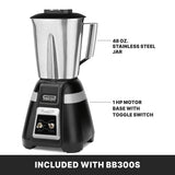 A Waring Blade Bar Blender with a 48 oz. stainless steel container, sturdy handle, and powerful 1 HP motor base with toggle switch. Labels highlight the jar and base features. Text at the bottom reads: “Included with BB300S.”.