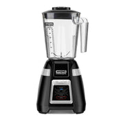 A black Waring Commercial bar blender with a clear copolyester container, measurement markings, and a black lid. The base features silver accents, the Waring logo, and five labeled buttons. Ideal for international use, it stands on a white background.
