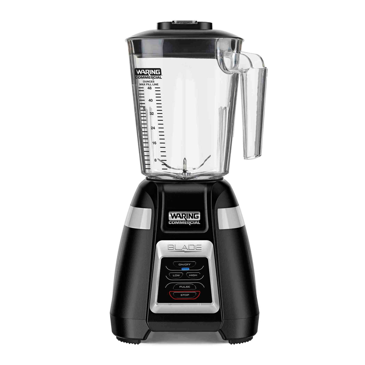 A black Waring Commercial Bar Blender with a clear 1.4 liter copolyester container featuring measurement markings and a handle. The base showcases silver accents, the Waring logo, and four labeled buttons: Start, Low, High, and Stop. Black lid with center cap.