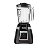 A black Waring Commercial Bar Blender with a clear 1.4 liter copolyester container featuring measurement markings and a handle. The base showcases silver accents, the Waring logo, and four labeled buttons: Start, Low, High, and Stop. Black lid with center cap.