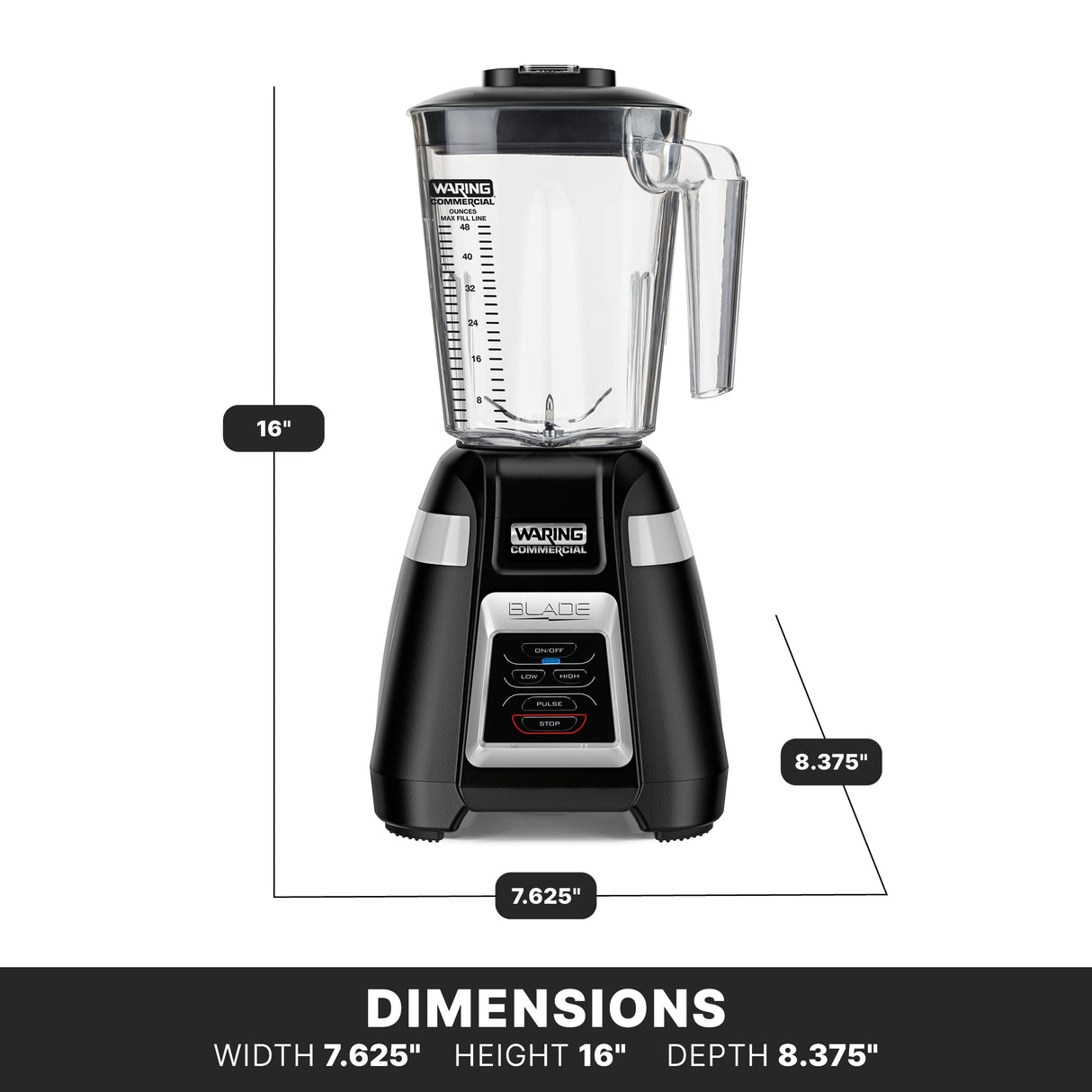 A Blade Bar Blender with a 48-oz. plastic container features measurement markings and electronic touchpad controls. Its black base supports dimensions of 16" tall, 7.625" wide, and 8.375" deep, boldly labeled DIMENSIONS at the bottom.