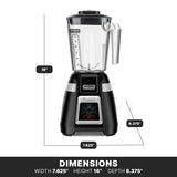 A Blade Bar Blender with a 48-oz. plastic container features measurement markings and electronic touchpad controls. Its black base supports dimensions of 16" tall, 7.625" wide, and 8.375" deep, boldly labeled DIMENSIONS at the bottom.