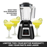 A black Waring Blade Bar Blender with a clear 48-oz. plastic container sits center, surrounded by three margarita glasses filled with yellow frozen drinks. Bold text touts three 16 oz. margaritas in 12 seconds and an easy electronic touchpad control panel.
