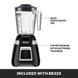 A black and silver Waring Blade Bar Blender is shown with labeled parts: a clear 48-oz. plastic container and a 1 HP motor base featuring electronic touchpad controls. Text at the bottom reads, INCLUDED WITH BB320.