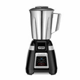 A sleek, black Waring Commercial bar blender with a stainless steel container and handle. The front features a digital control panel with start, pulse, and stop buttons. The sturdy base showcases the BLADE logo below the brand name.