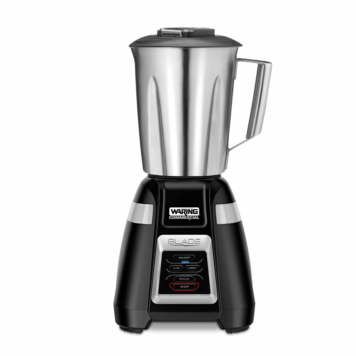 A stainless steel bar blender with a black base featuring the Waring Commercial logo. Designed for international use, it has start, stop, pulse, and puree buttons. The stainless steel container and modern design give it a professional appearance.