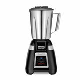 A stainless steel bar blender with a black base featuring the Waring Commercial logo. Designed for international use, it has start, stop, pulse, and puree buttons. The stainless steel container and modern design give it a professional appearance.