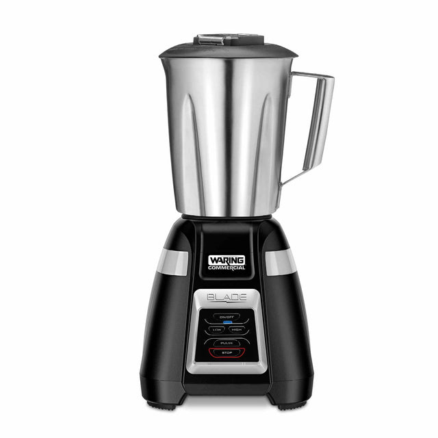 A stainless steel bar blender with a black base featuring the Waring Commercial logo. Designed for international use, it has start, stop, pulse, and puree buttons. The stainless steel container and modern design give it a professional appearance.