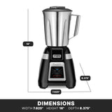 A Blade Bar Blender with a stainless steel container is shown in front view. Its electronic touchpad controls, display, and Waring Commercial branding are clearly visible. Dimensions: 16" tall, 7.625" wide, and 8.375" deep.
