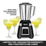 A stainless steel Blade Bar Blender with a black base labeled Waring Commercial stands centered. Three margarita glasses with yellow frozen drinks and lime slices surround its stainless steel container. Features electronic touchpad controls for easy use. Warranty details below.