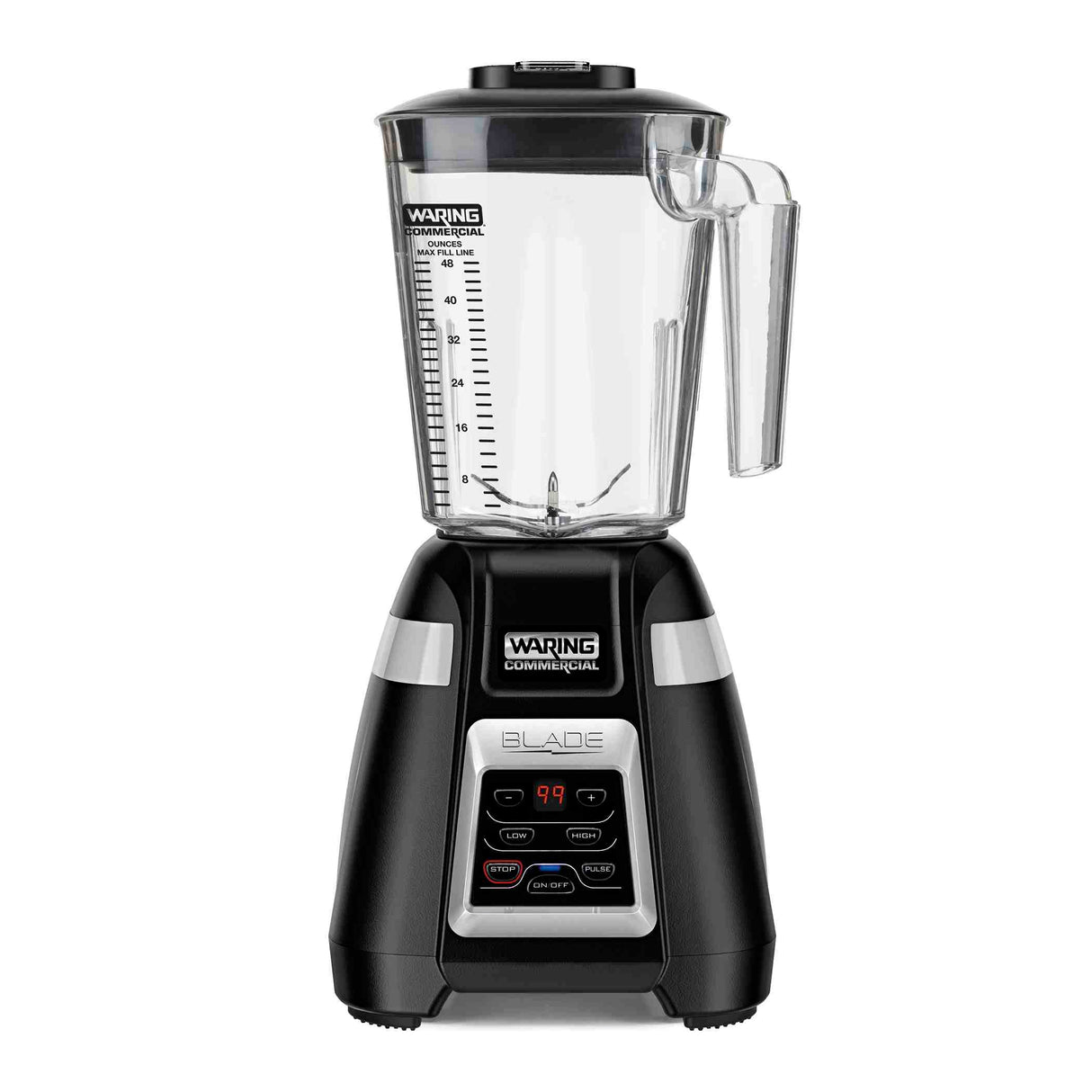 A black Waring Commercial bar blender with a clear copolyester container, measurement markings, and handle. The base features digital controls, labeled buttons, and a red LED display reading “99.” The blender appears new, clean, and ready for use.