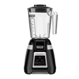 A black Waring Commercial bar blender with a clear copolyester container, measurement markings, and handle. The base features digital controls, labeled buttons, and a red LED display reading “99.” The blender appears new, clean, and ready for use.
