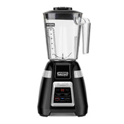 A black Waring Commercial bar blender with a clear copolyester container, measurement markings, and handle. The base features digital controls, labeled buttons, and a red LED display reading “99.” The blender appears new, clean, and ready for use.