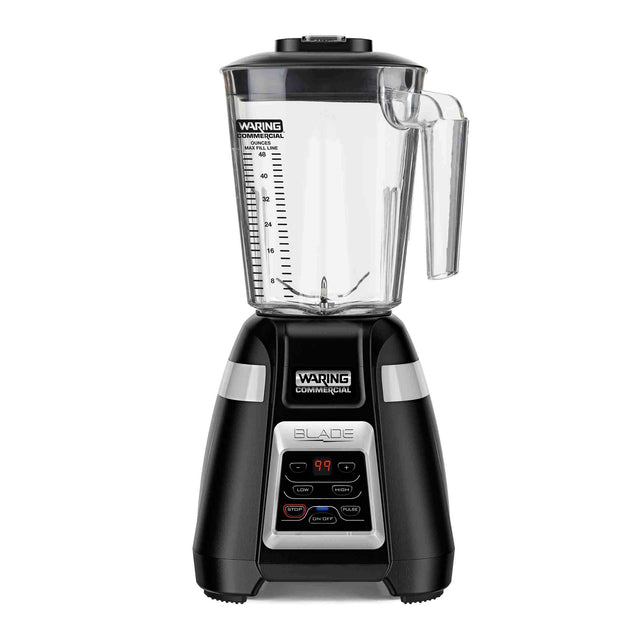 A black Waring Commercial bar blender with a clear copolyester container, measurement markings, and handle. The base features digital controls, labeled buttons, and a red LED display reading “99.” The blender appears new, clean, and ready for use.