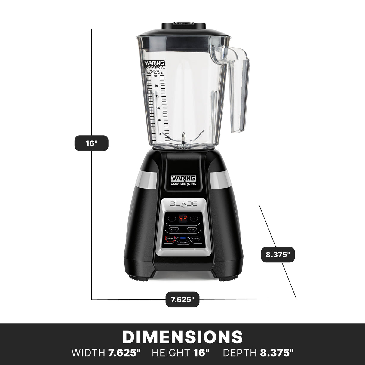 A black and silver Blade Bar Blender with a clear 48-oz. plastic container and lid, labeled 16" tall, 7.625" wide, and 8.375" deep. Features electronic touchpad controls on the panel and a small digital display.