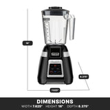 A black and silver Blade Bar Blender with a clear 48-oz. plastic container and lid, labeled 16" tall, 7.625" wide, and 8.375" deep. Features electronic touchpad controls on the panel and a small digital display.