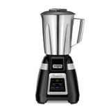 A stainless steel container countertop blender with a handle and black base features a digital display, labeled “Waring Commercial” and “Blade Bar Blender.” Several buttons for functions and 2-speed blender settings are visible on the base.