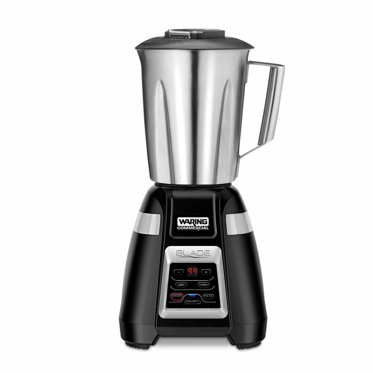 A black and silver Waring commercial bar blender with a stainless steel container, handle, and lid. The base features a digital display reading “99” and several control buttons for speed and settings, set against a plain white background.