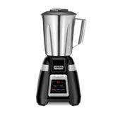 A black and stainless steel Bar Blender with a digital display and control buttons is labeled “Waring Commercial.” It features a large stainless steel container with a handle, fitted lid, and display showing the number 99—ideal for international use.