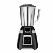 A black and stainless steel Bar Blender with a digital display and control buttons is labeled “Waring Commercial.” It features a large stainless steel container with a handle, fitted lid, and display showing the number 99—ideal for international use.