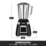 A Waring Commercial Blade Bar Blender with a stainless steel container sits on a black base with digital controls. This 2-speed blender measures 16" high, 7.625" wide, and 8.375" deep, with the logo displayed on the base.