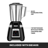 A black and silver Blade Bar Blender with a 48 oz. stainless steel container and labeled parts. The black motor base features an electronic touchpad and timer. Text at the bottom reads, INCLUDED WITH BB340S.