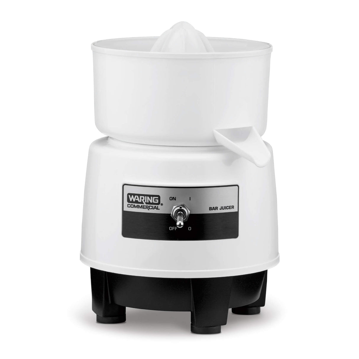A compact Bar Juicer Citrus model, this white electric juicer features a cone-shaped reamer, side spout, and black base. The front panel shows an “ON/OFF” switch and the “Waring Commercial Bar Juicer” label—ideal for international use.