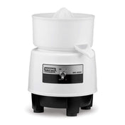 A compact Bar Juicer Citrus model, this white electric juicer features a cone-shaped reamer, side spout, and black base. The front panel shows an “ON/OFF” switch and the “Waring Commercial Bar Juicer” label—ideal for international use.