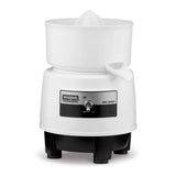 A white electric citrus juicer with a cylindrical base and a cone-shaped reamer on top. This Waring Commercial bar juicer features a spout for pouring juice, an On/Off switch, and four black feet for added stability.