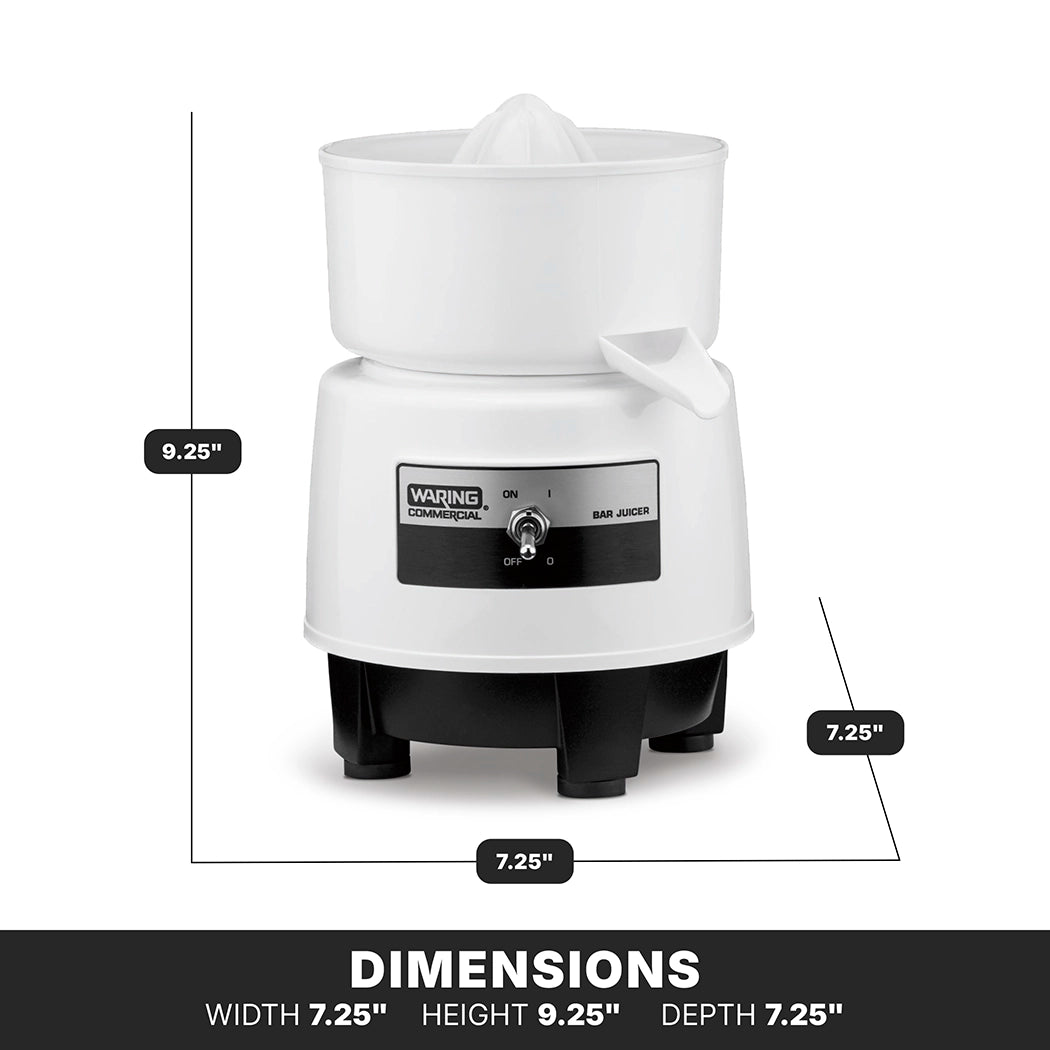 A white Waring Commercial Bar Juicer Citrus with a black base is shown. This compact juicer features a round bowl on top and front control switch. Dimensions: 9.25” tall, 7.25” wide, 7.25” deep. “DIMENSIONS” appears in bold text at the bottom.