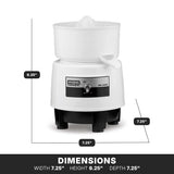 A white Waring Commercial Bar Juicer Citrus with a black base is shown. This compact juicer features a round bowl on top and front control switch. Dimensions: 9.25” tall, 7.25” wide, 7.25” deep. “DIMENSIONS” appears in bold text at the bottom.