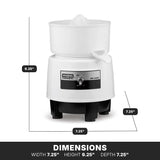 A white Waring Commercial citrus juicer with a rounded top and black base is shown. Its dimensions are 9.25" high, 7.25" wide, and deep. This bar juicer features a front switch, four short legs, and is made in USA.