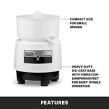 A white Waring Commercial Bar Juicer Citrus with a compact design; it features a citrus reamer, spout for dispensing, and sturdy die-cast base with vibration-dampening feet—ideal as a compact juicer for tight spaces.