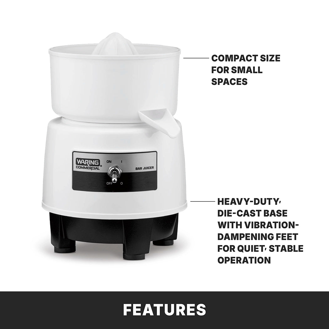 A white electric Bar juicer with a compact design. Arrows highlight its small size for limited spaces and a sturdy die-cast base with vibration-dampening feet for quiet, stable operation. The black control switch is visible on the front. “FEATURES” is written below.