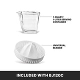 Image showing two items: a transparent 1-quart/1-liter serving container with a spout and measurement marks, and a white universal citrus juicer reamer with ridges. Below, a black bar reads INCLUDED WITH BJ120C in white text.