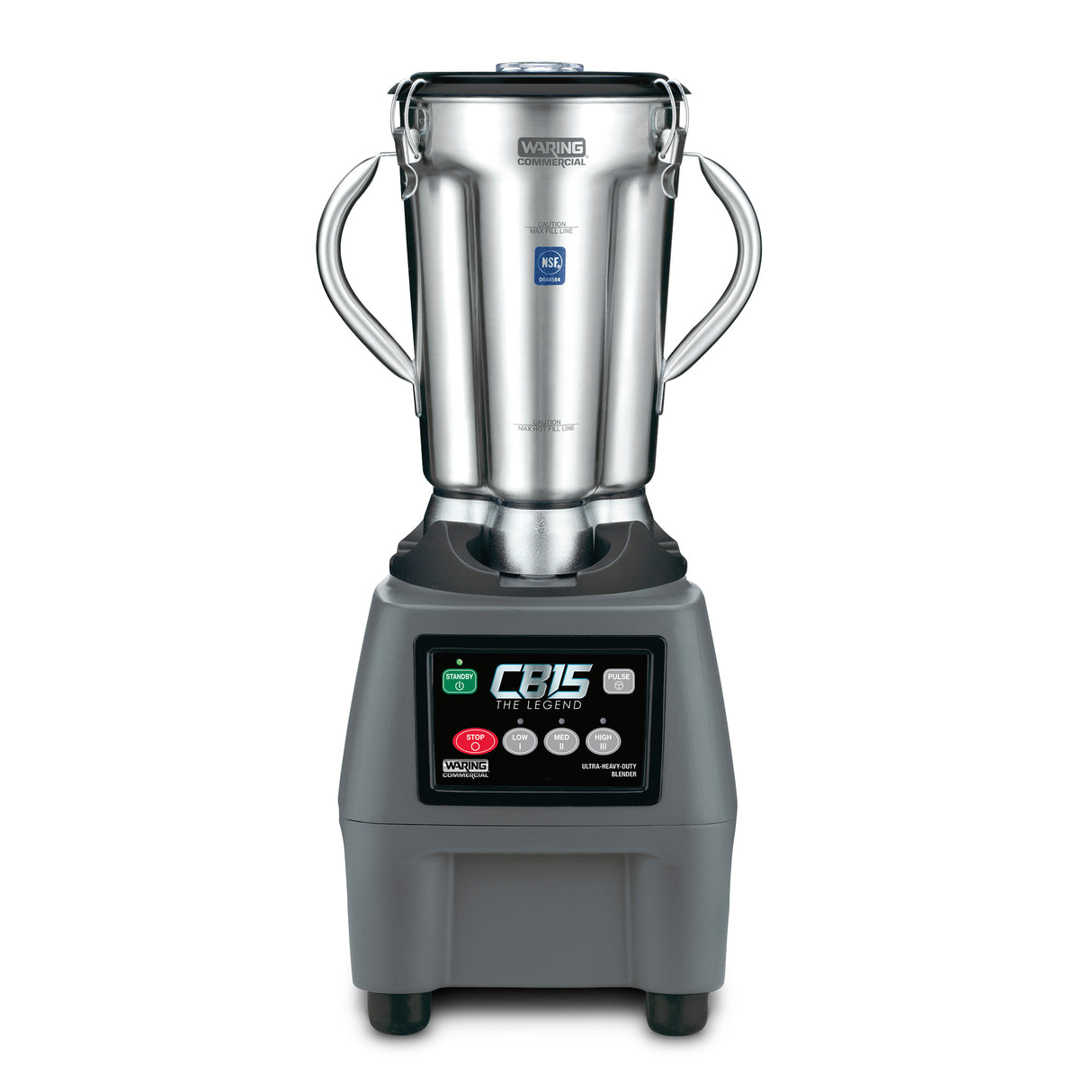 A heavy-duty food blender, the Waring CB15 features a stainless steel jug with two side handles, a black base, labeled buttons in green, red, and black, a digital screen, and “CB15 The Legend” text on the front panel.