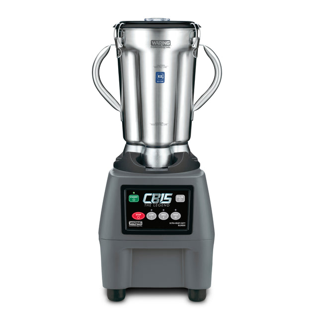 A heavy-duty food blender, the Waring CB15 features a stainless steel jug with two side handles, a black base, labeled buttons in green, red, and black, a digital screen, and “CB15 The Legend” text on the front panel.