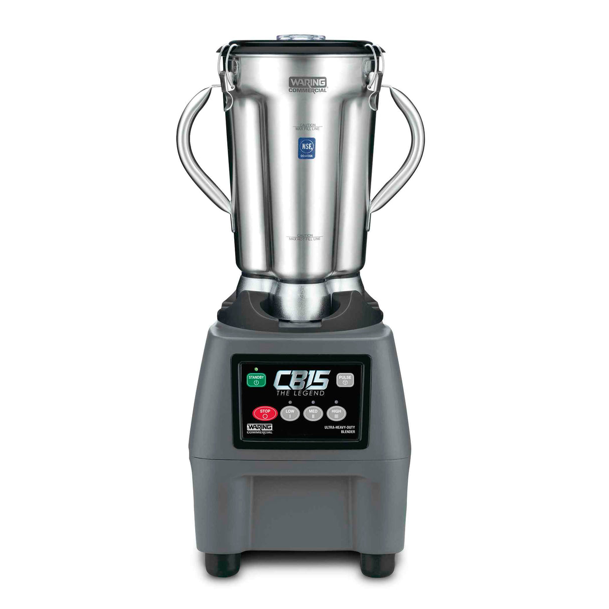 A commercial-grade Waring Commercial Blender with a 4 liter stainless steel container, two sturdy side handles, and a clear lid. Its black base features labeled buttons and a digital display, with CB15 The Legend written prominently on the front.
