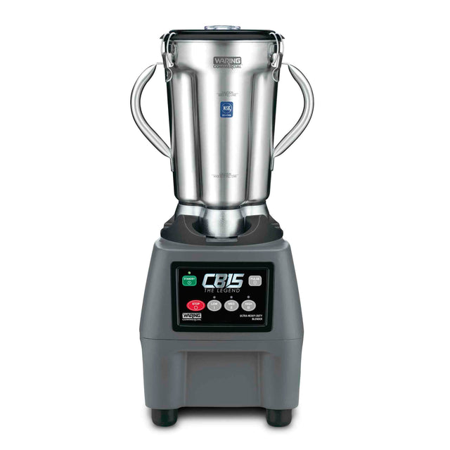 A commercial blender with a 3.75 HP motor features a stainless steel container and dual handles on a gray base. Labeled buttons in green, red, and black, plus “CB15 The Legend,” are displayed alongside a digital screen.