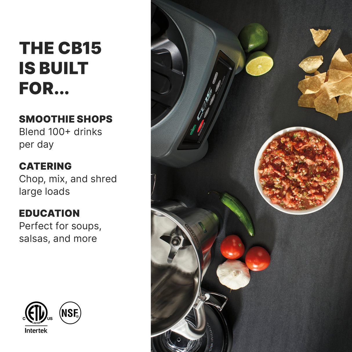 Overhead view of a Waring CB15 commercial blender, a bowl of salsa with tortilla chips, tomatoes, jalapeño, and garlic on a dark counter. Text highlights the blender’s use in smoothie shops, catering, and education. Certification logos appear at bottom left.
